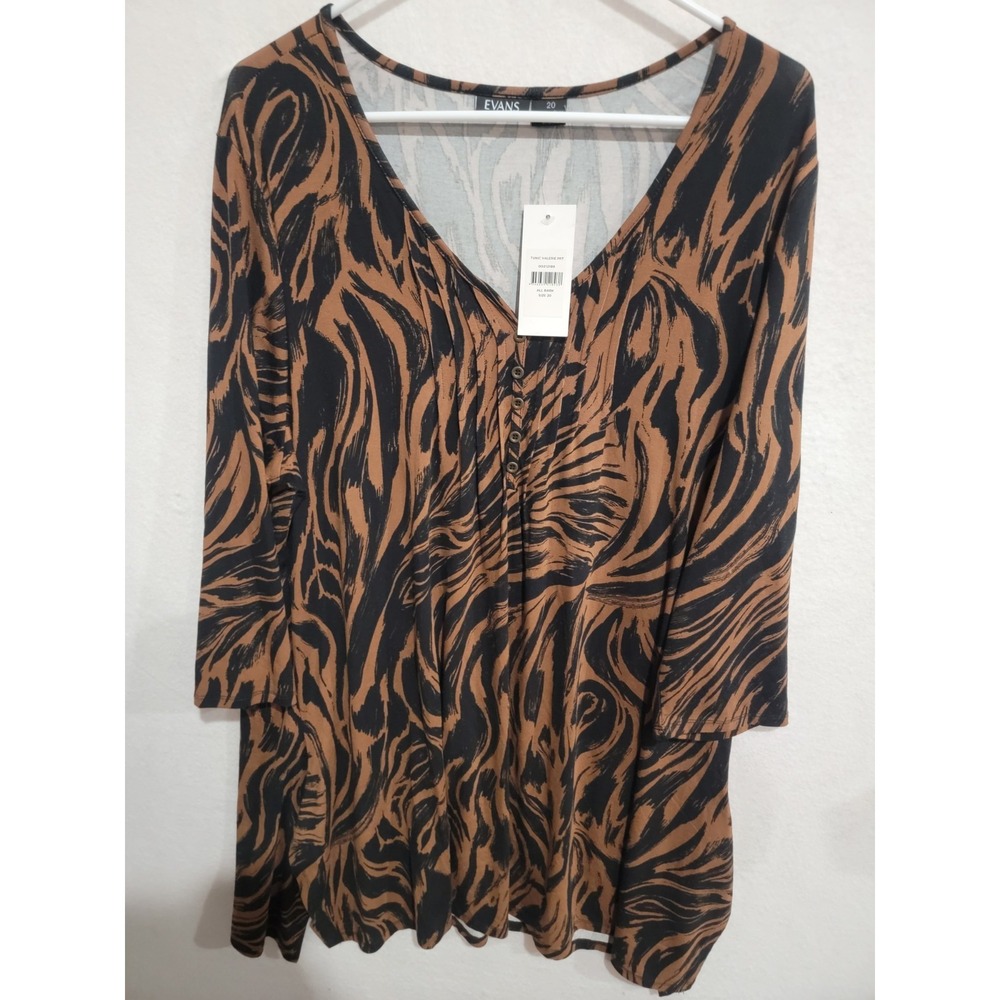 Evans Plus Size 20 Zebra Animal Print Tunic Top Blouse V-Neck Brown Black NWT